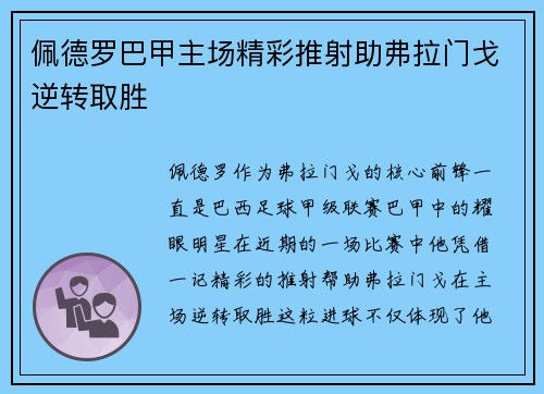 佩德罗巴甲主场精彩推射助弗拉门戈逆转取胜 佩德罗巴甲主场精彩推射助弗拉门戈逆转取胜