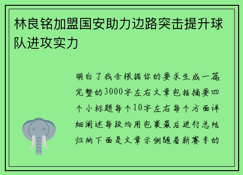 林良铭加盟国安助力边路突击提升球队进攻实力 林良铭加盟国安助力边路突击提升球队进攻实力